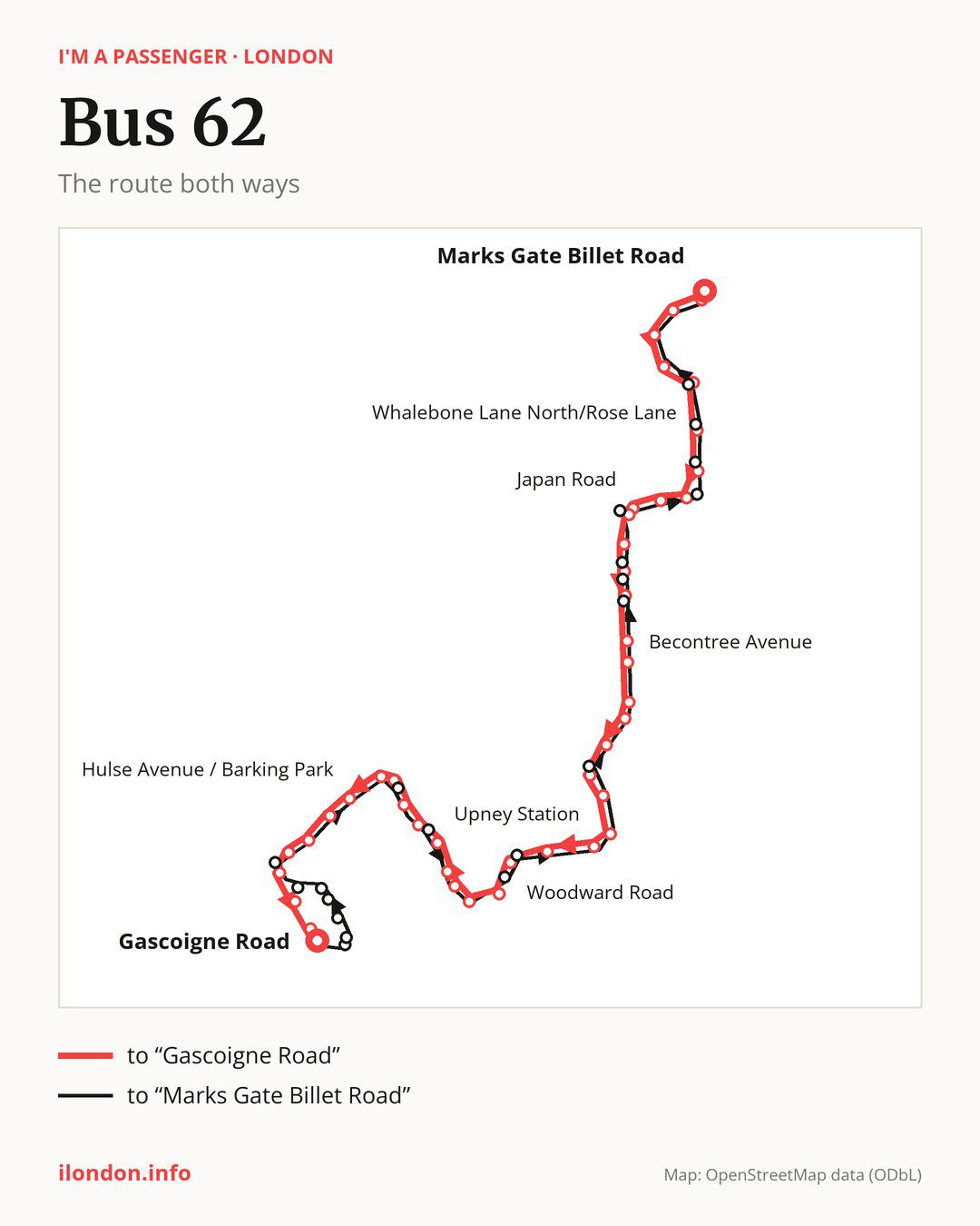 Bus route 62 in London on the map: the route both ways