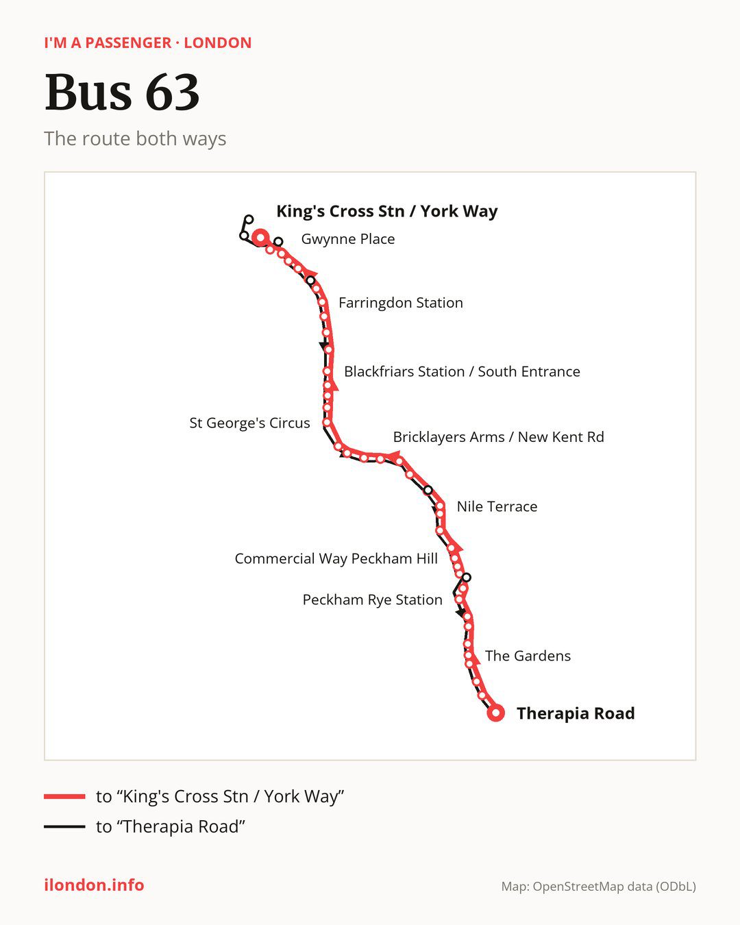 Bus route 63 in London on the map: the route both ways