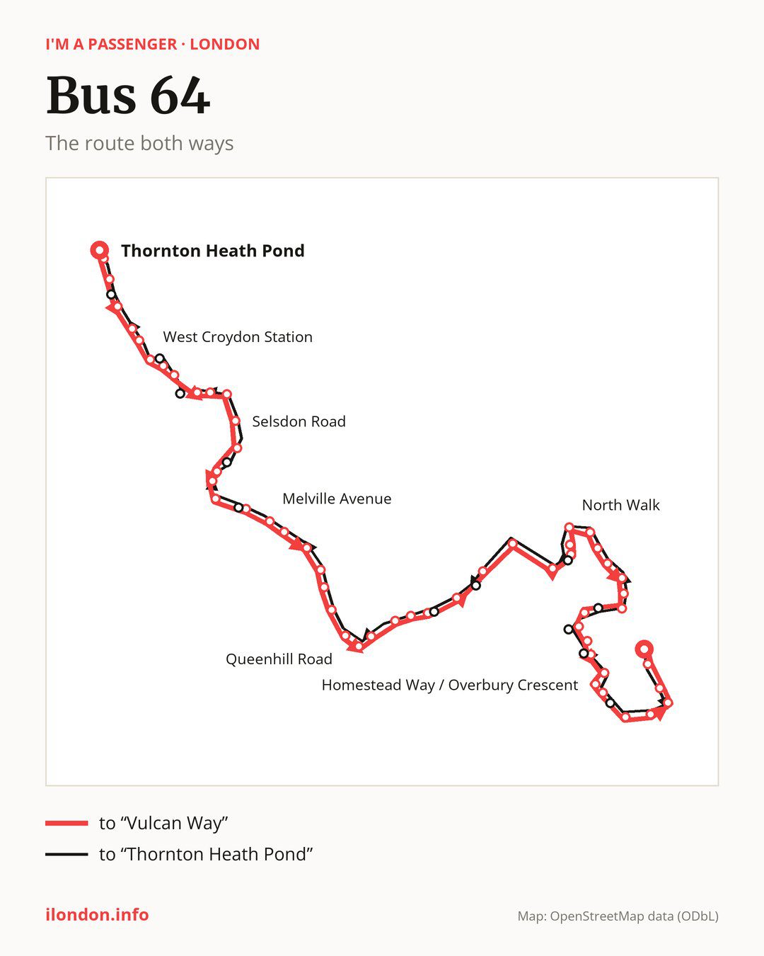 Bus route 64 in London on the map: the route both ways