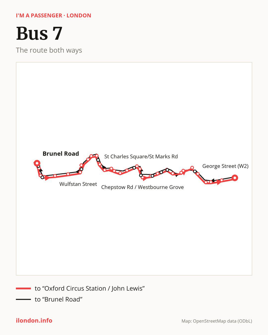 Bus route 7 in London on the map: the route both ways