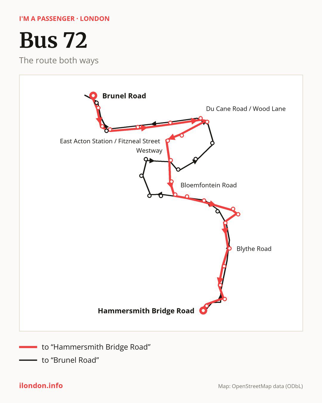 Bus route 72 in London on the map: the route both ways