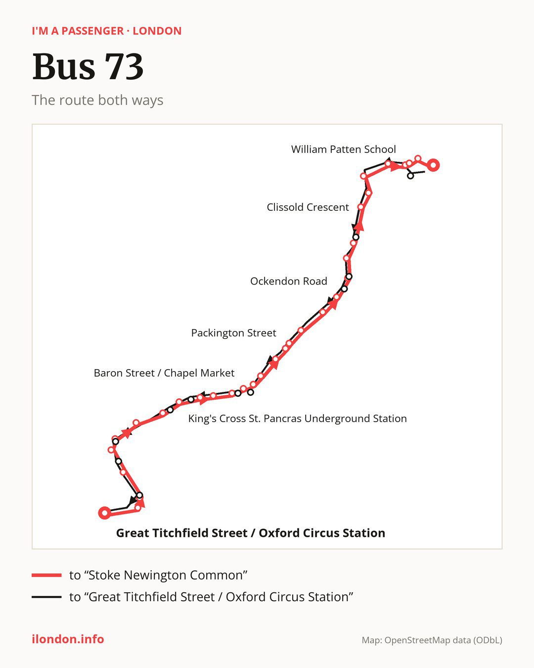 Bus route 73 in London on the map: the route both ways