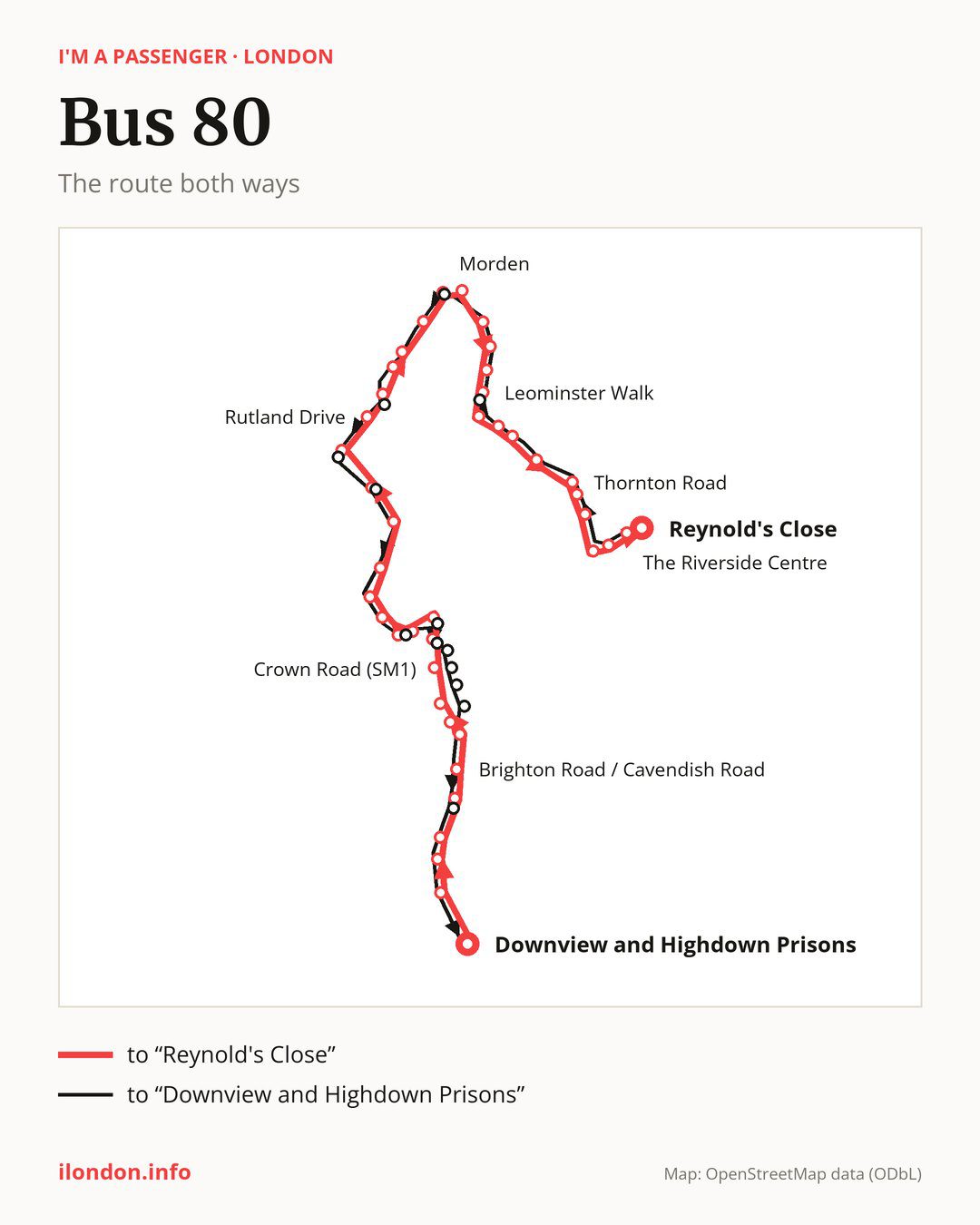 Bus route 80 in London on the map: the route both ways