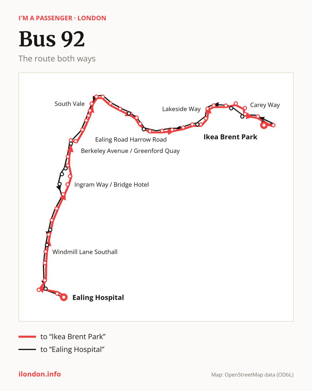Bus route 92 in London on the map: the route both ways