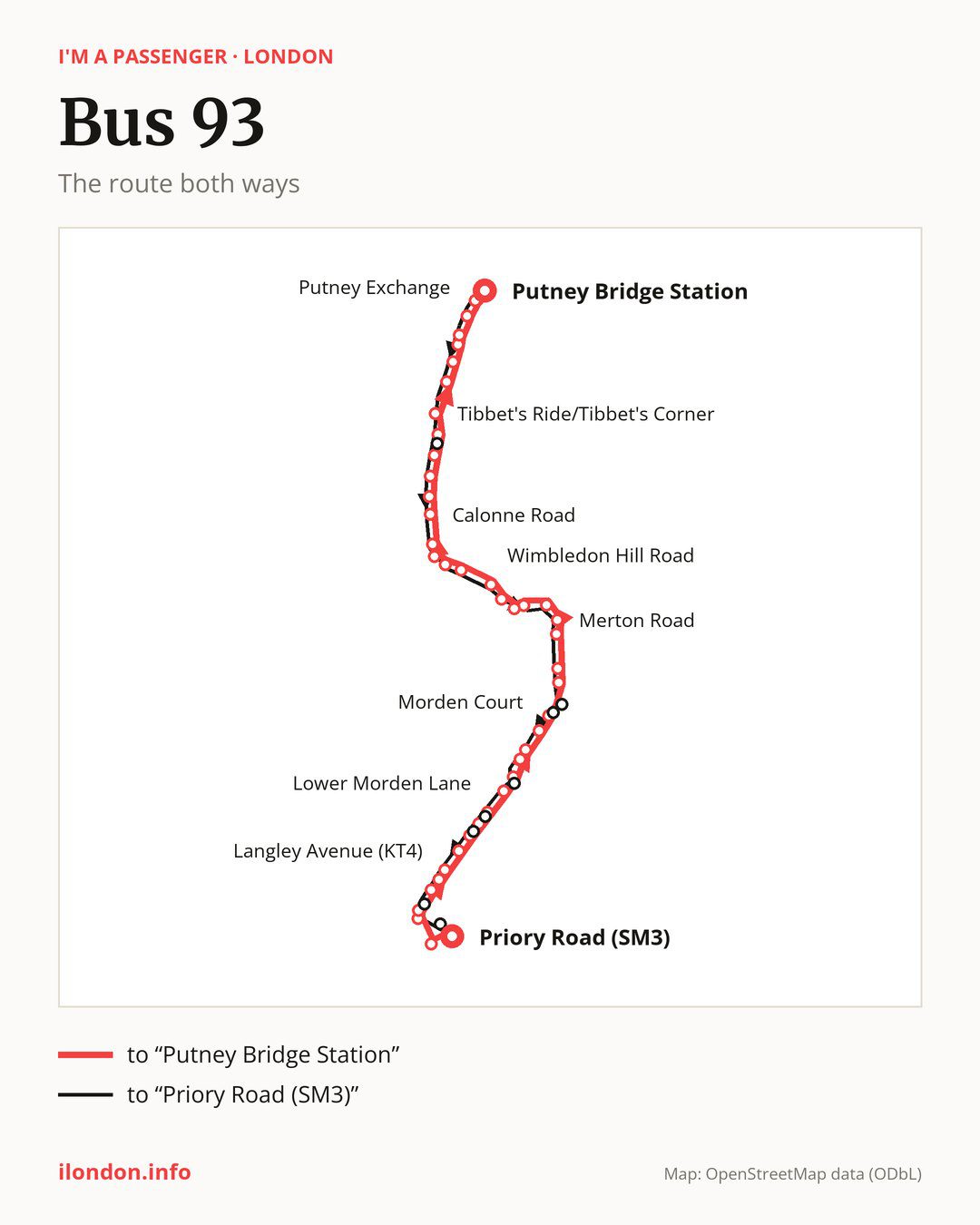 Bus route 93 in London on the map: the route both ways