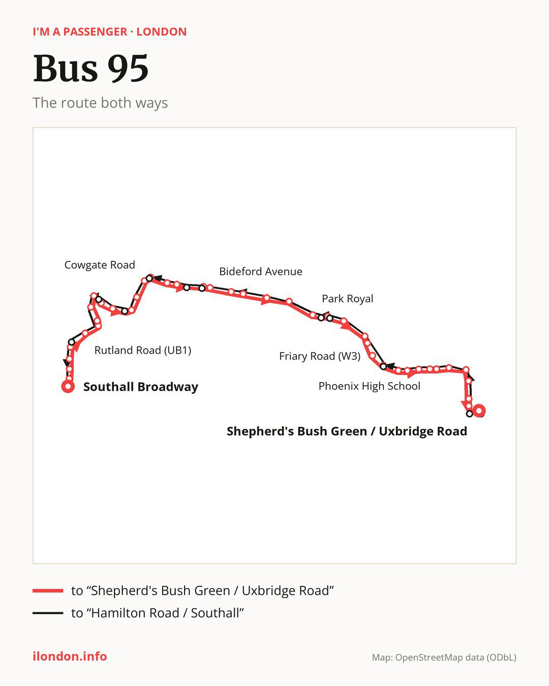 Bus route 95 in London on the map: the route both ways
