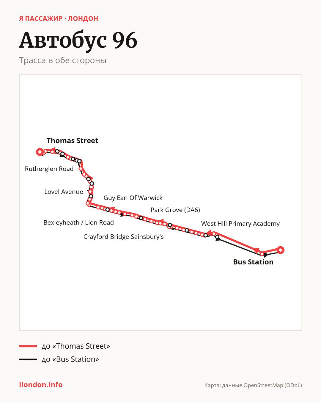 Автобус 96 в Лондоне на карте: трасса в обе стороны