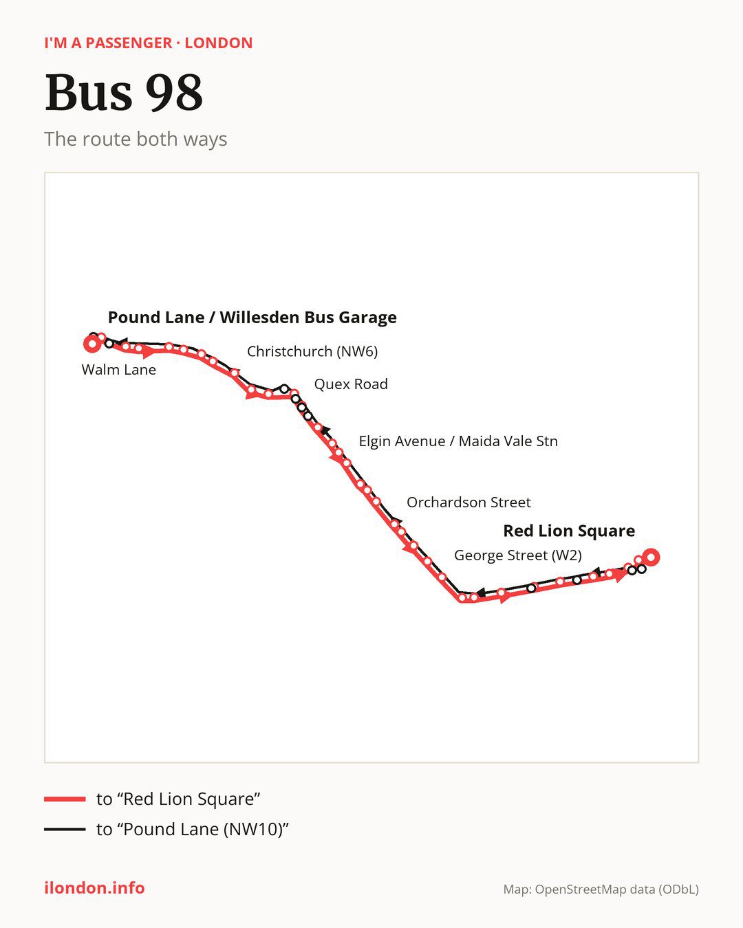 Bus route 98 in London on the map: the route both ways