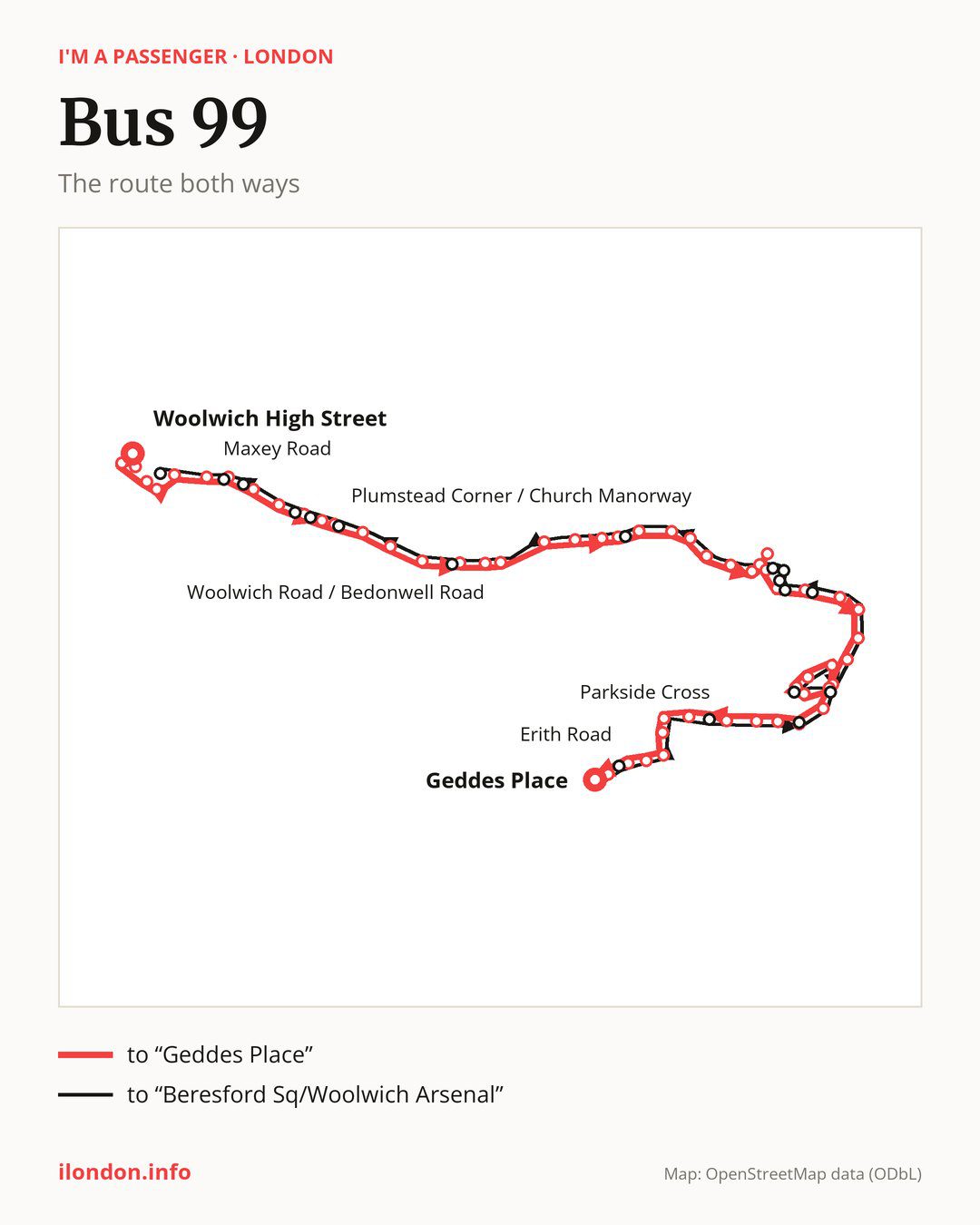 Bus route 99 in London on the map: the route both ways