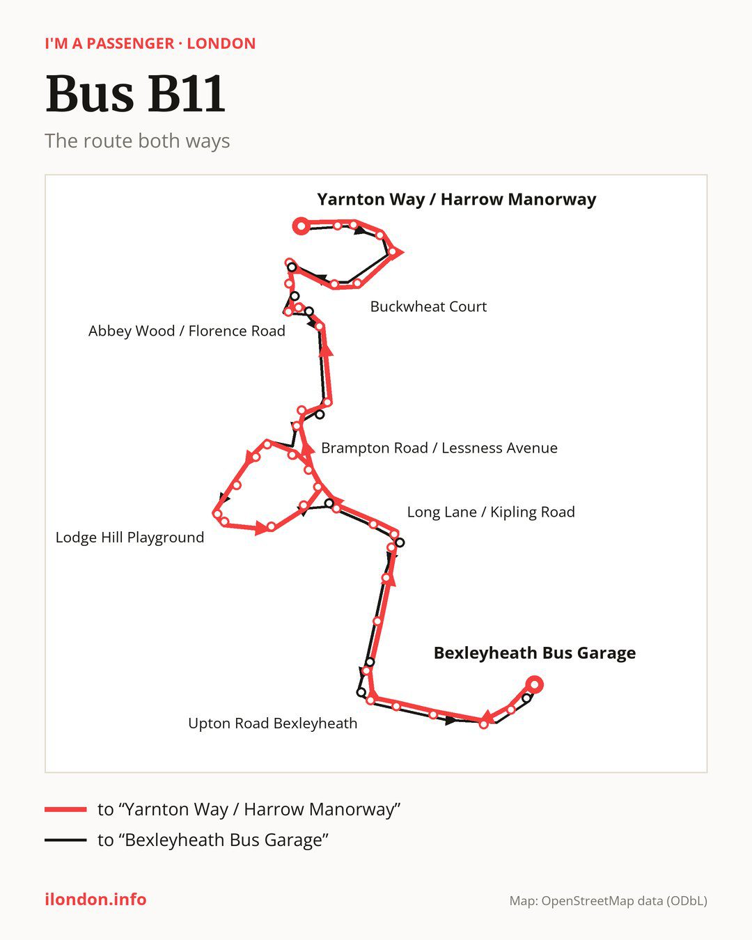 Bus route B11 in London on the map: the route both ways