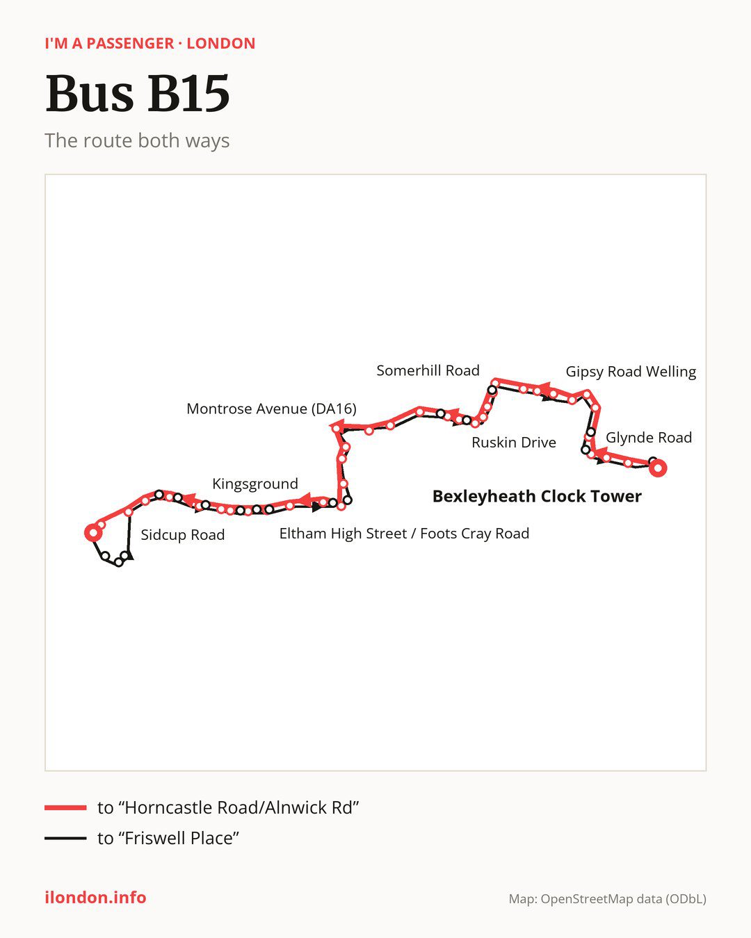 Bus route B15 in London on the map: the route both ways
