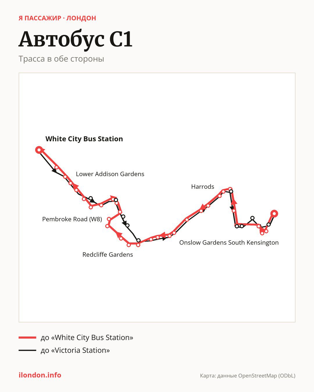 Автобус C1 в Лондоне на карте: трасса в обе стороны