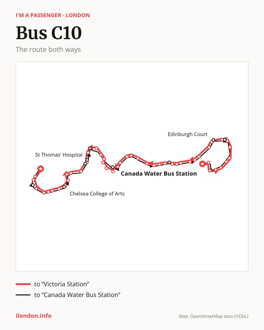 Bus route C10 in London on the map: the route both ways