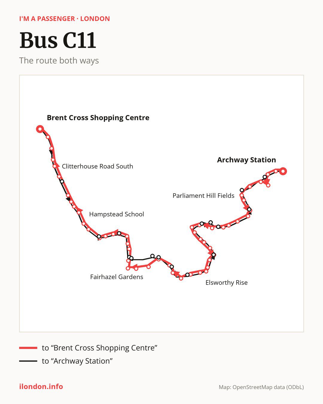 Bus route C11 in London on the map: the route both ways