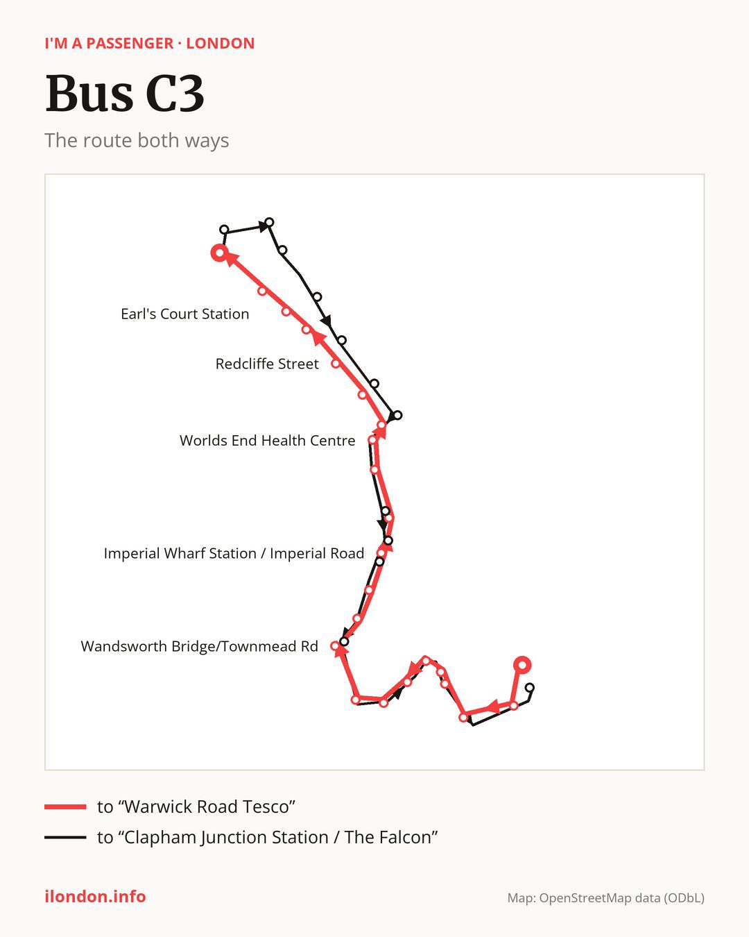 Bus route C3 in London on the map: the route both ways