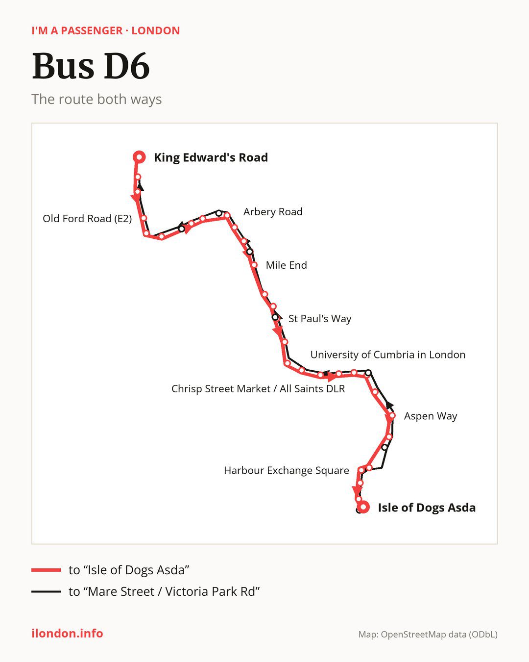 Bus route D6 in London on the map: the route both ways