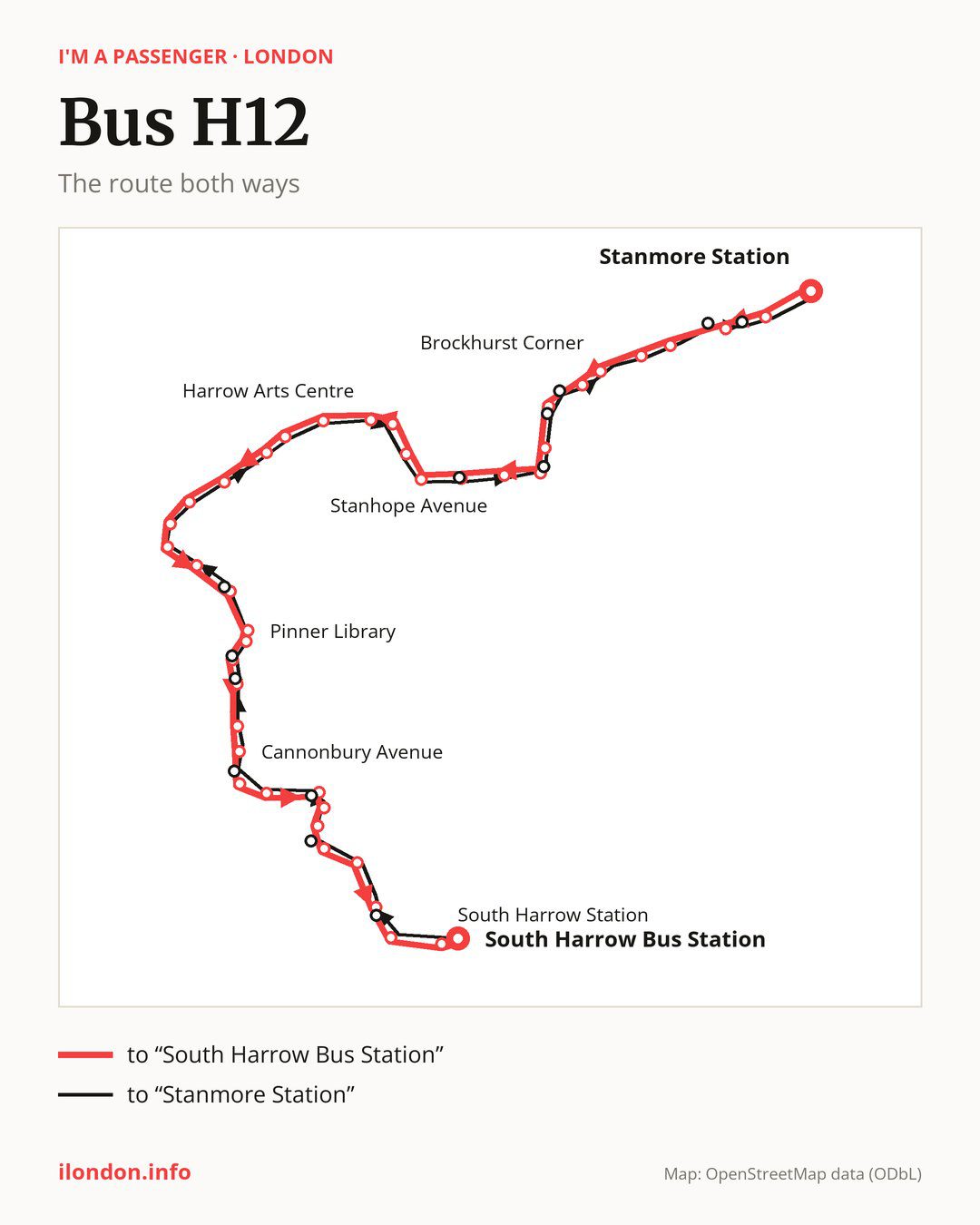 Bus route H12 in London on the map: the route both ways