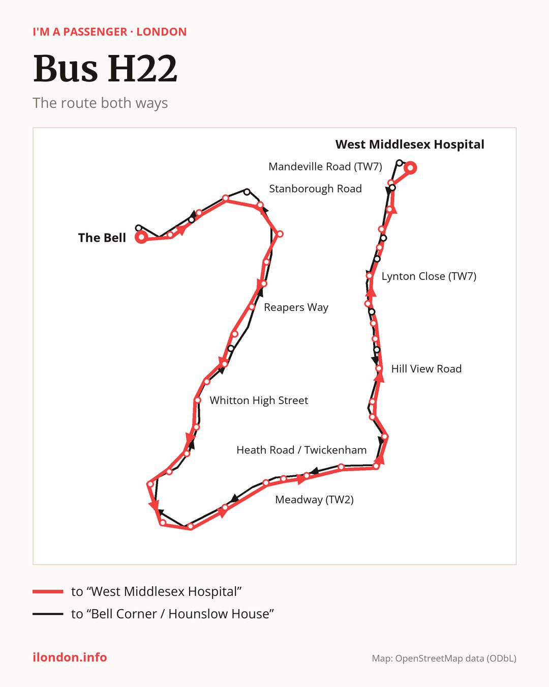 Bus route H22 in London on the map: the route both ways