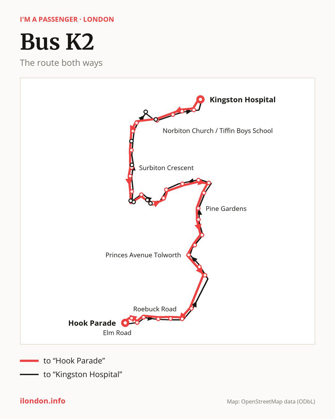 Bus route K2 in London on the map: the route both ways