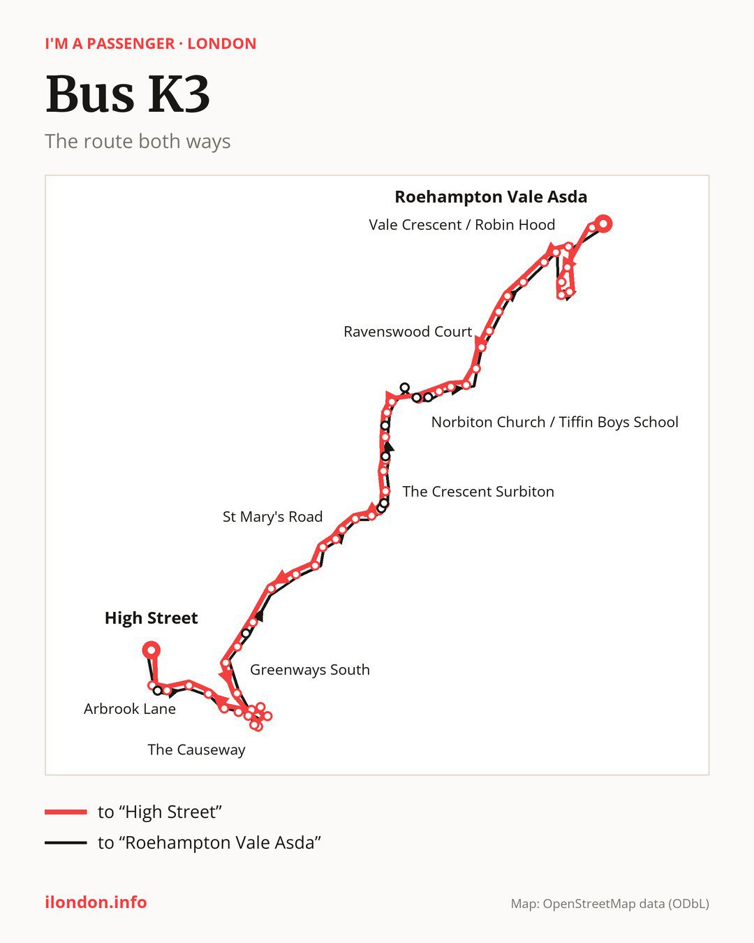 Bus route K3 in London on the map: the route both ways
