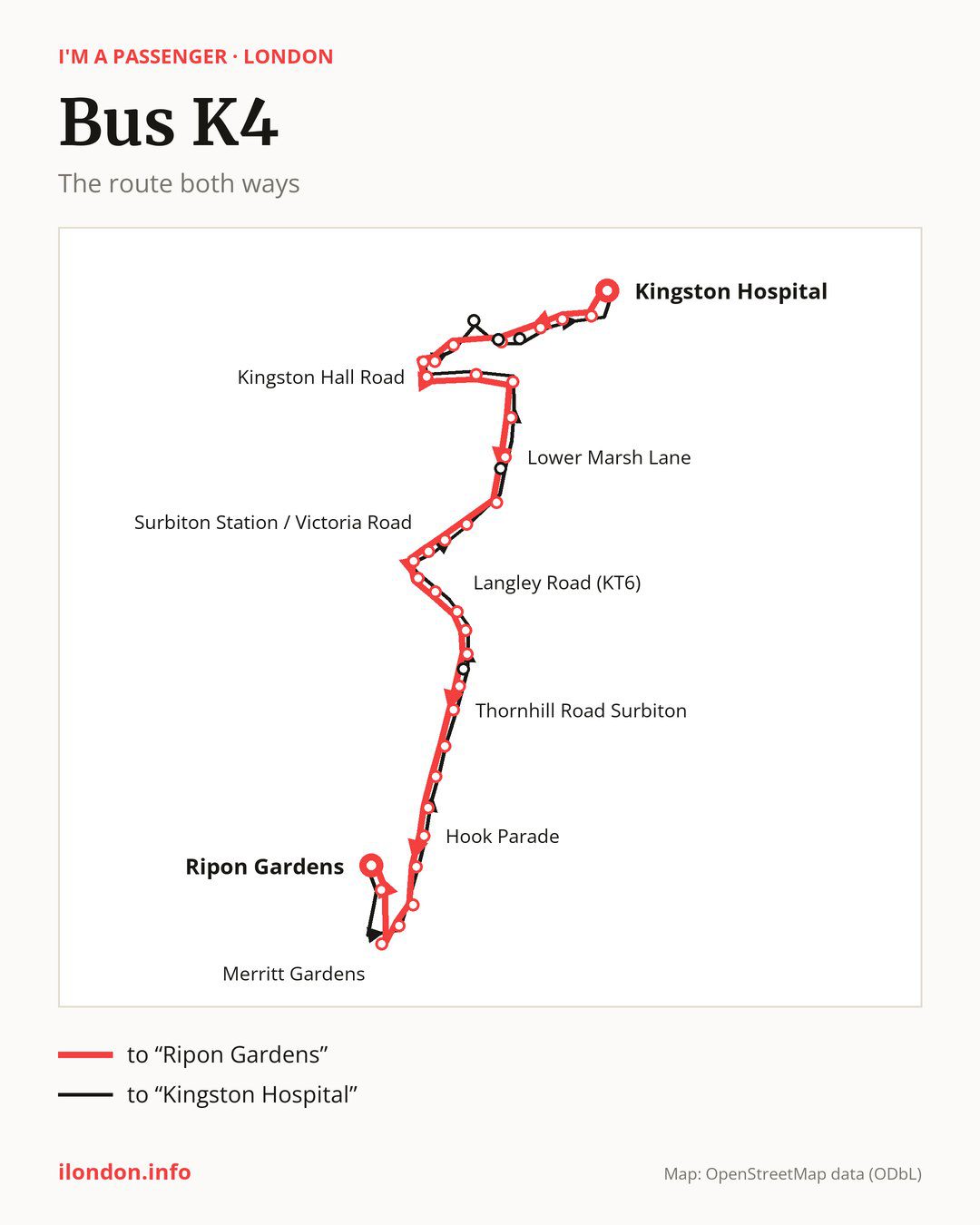 Bus route K4 in London on the map: the route both ways