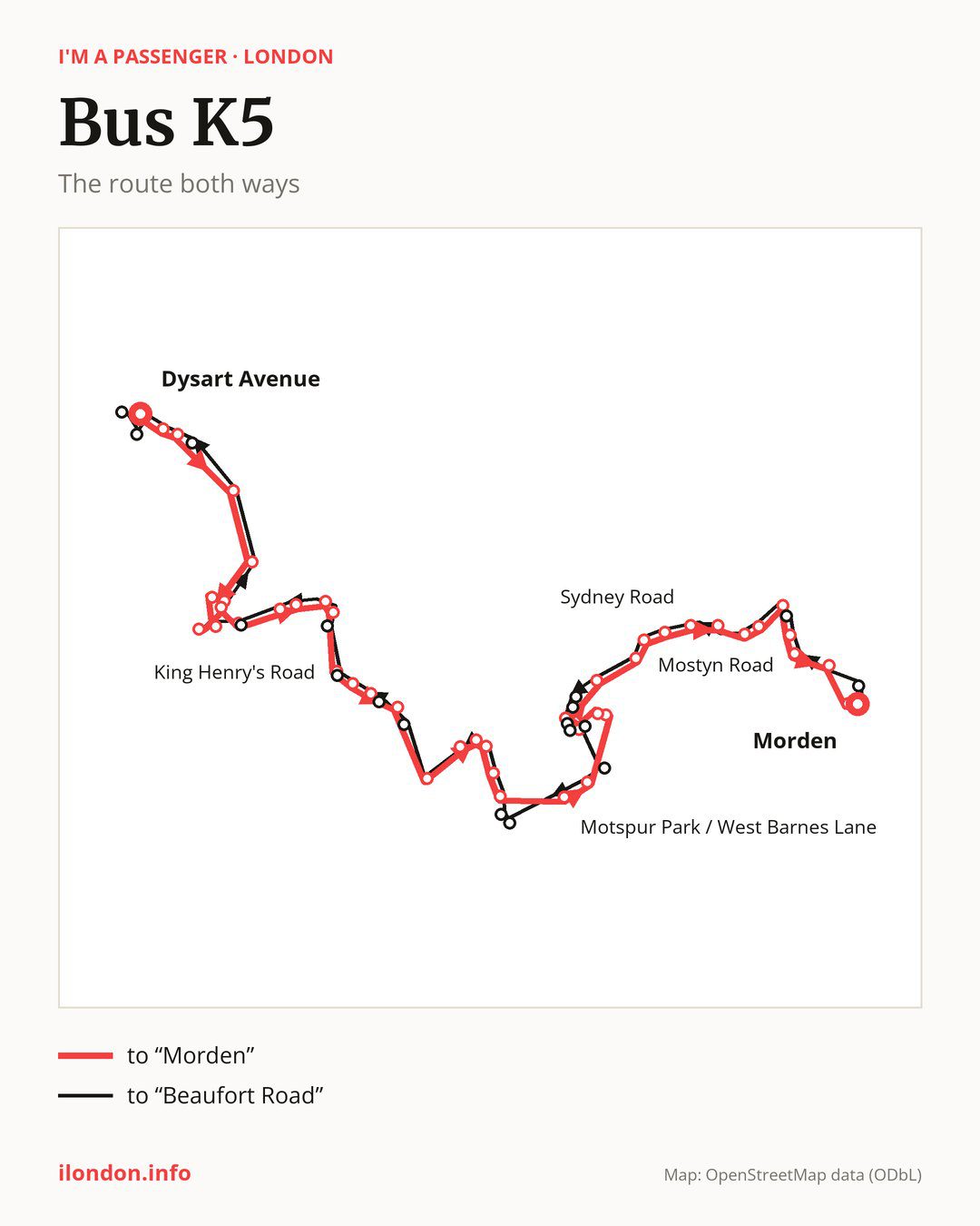 Bus route K5 in London on the map: the route both ways