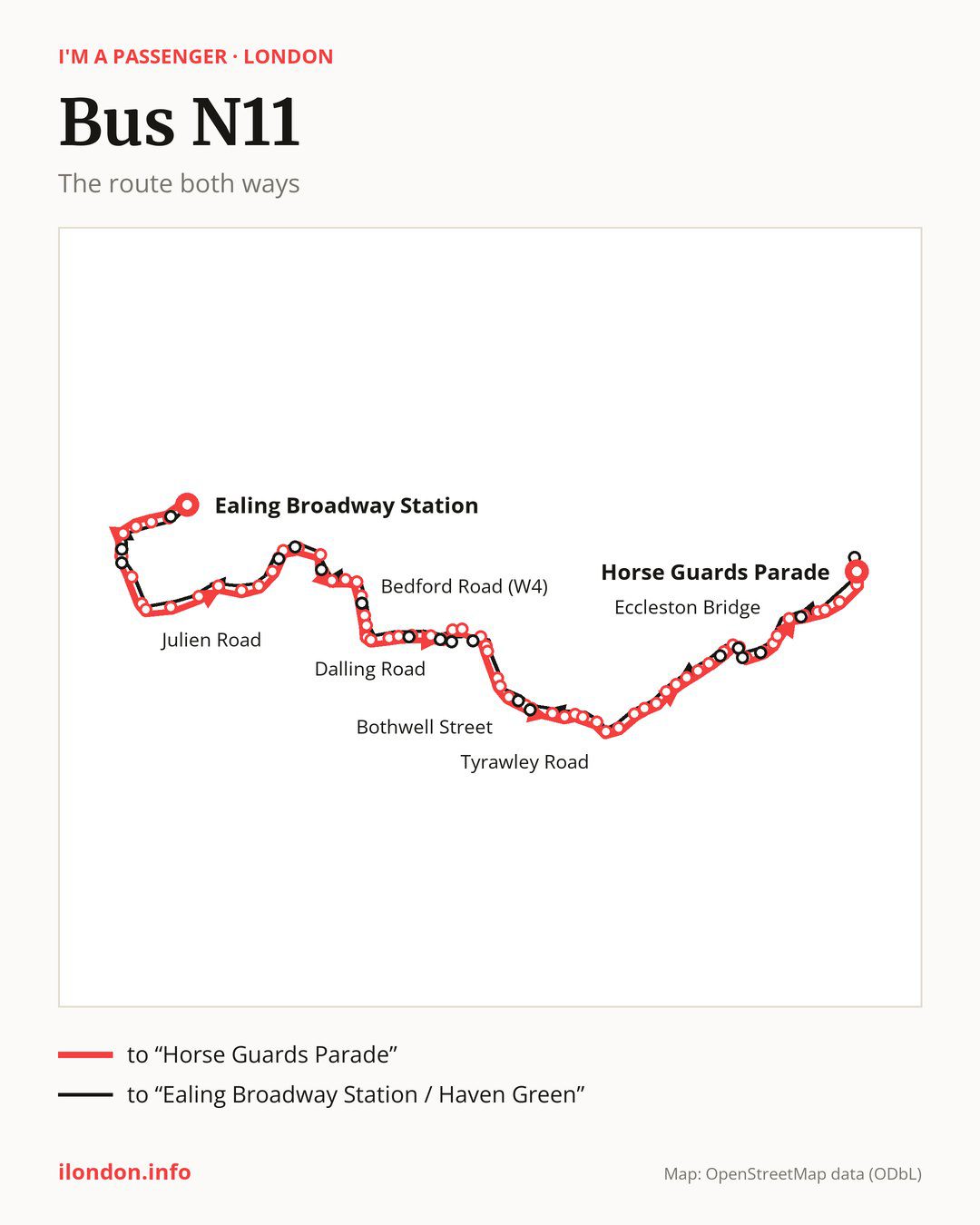 Night bus route N11 in London on the map: the route both ways