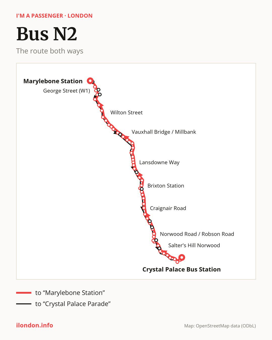 Night bus route N2 in London on the map: the route both ways