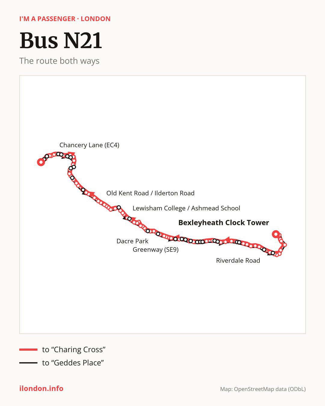 Night bus route N21 in London on the map: the route both ways