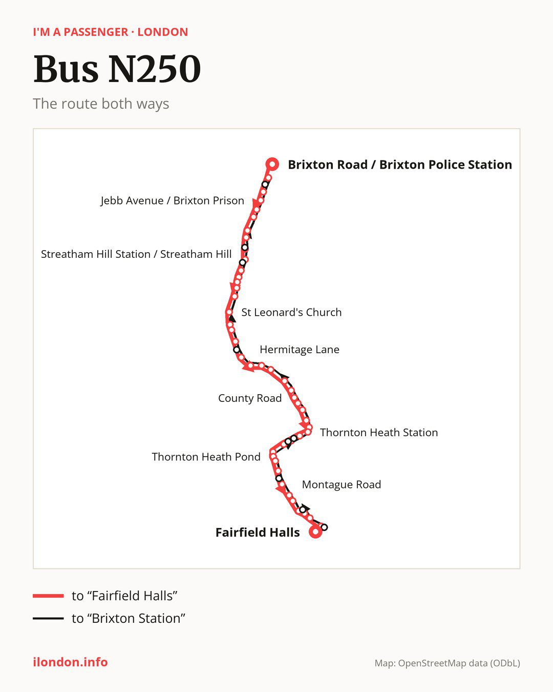 Night bus route N250 in London on the map: the route both ways