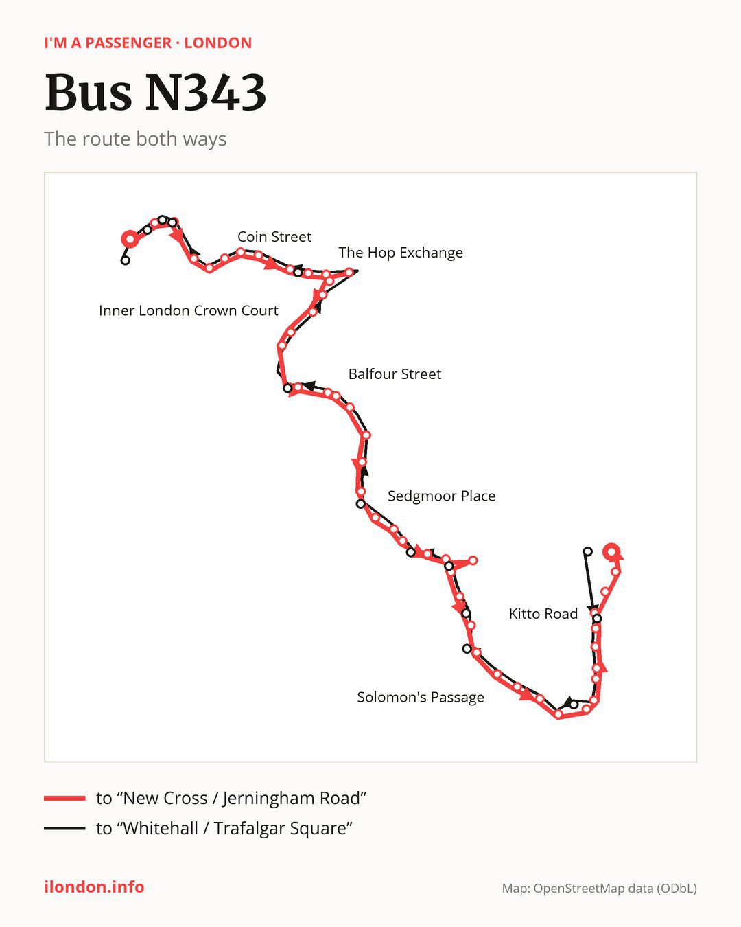 Night bus route N343 in London on the map: the route both ways