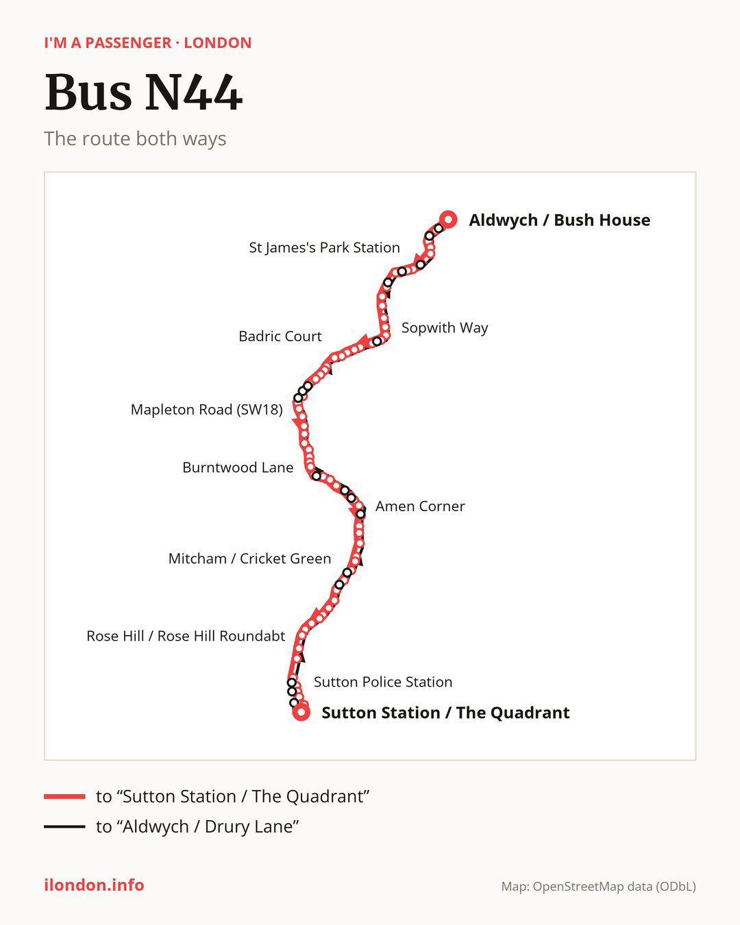 Night bus route N44 in London on the map: the route both ways