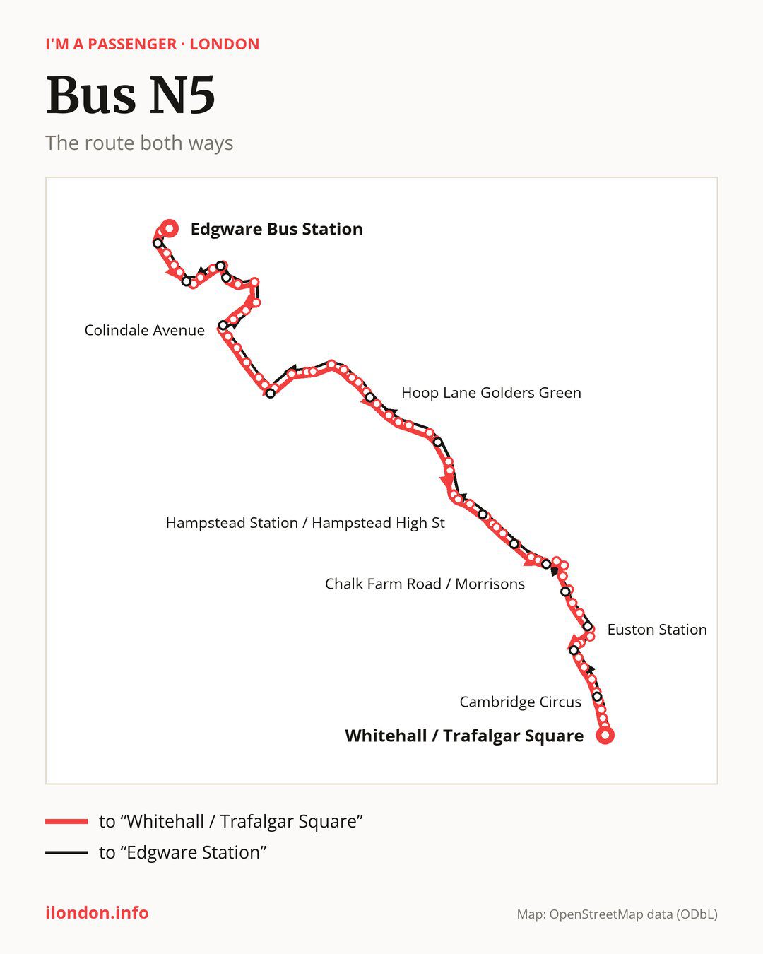 Night bus route N5 in London on the map: the route both ways