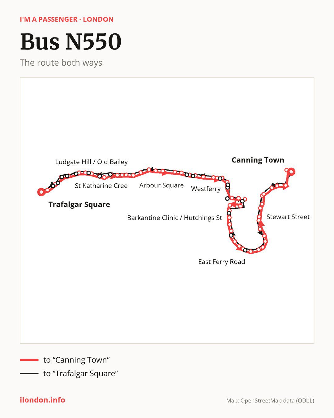 Night bus route N550 in London on the map: the route both ways