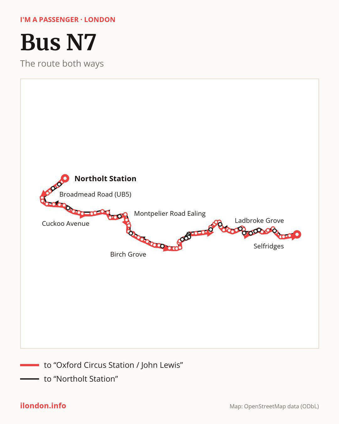 Night bus route N7 in London on the map: the route both ways