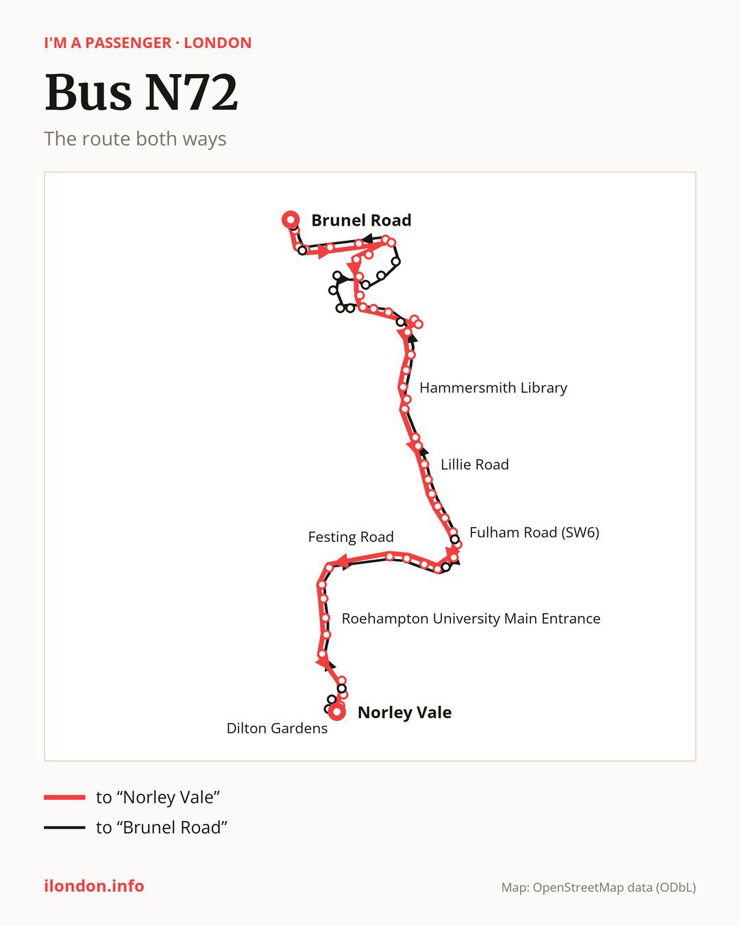 Night bus route N72 in London on the map: the route both ways