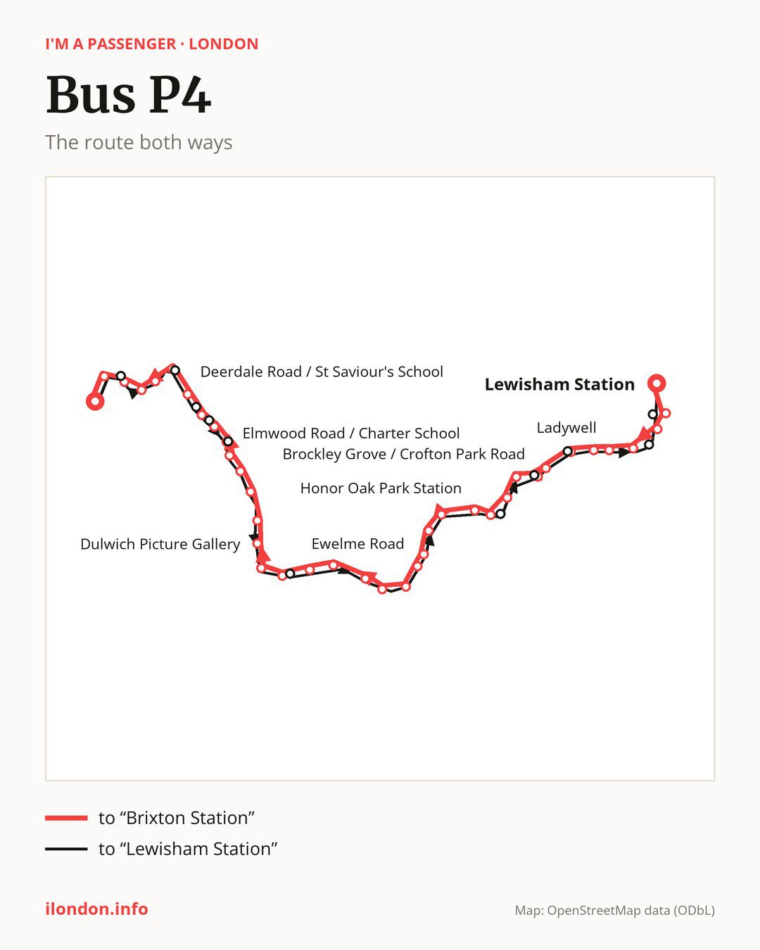 Bus route P4 in London on the map: the route both ways