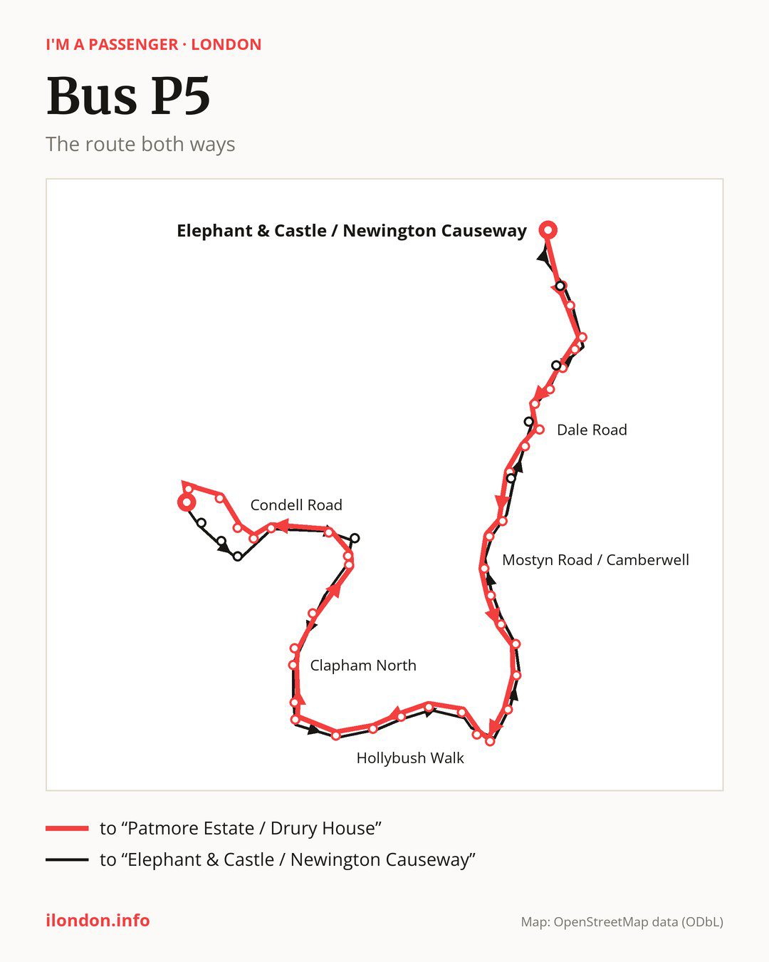 Bus route P5 in London on the map: the route both ways