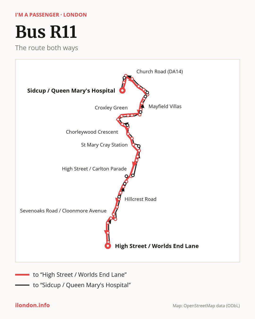 Bus route R11 in London on the map: the route both ways