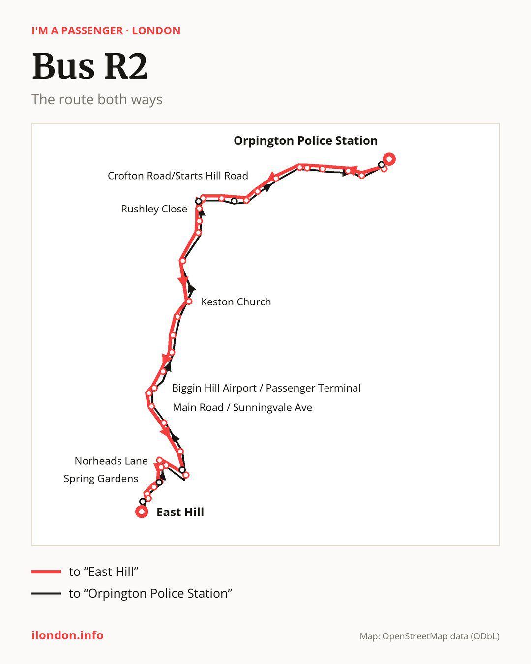 Bus route R2 in London on the map: the route both ways