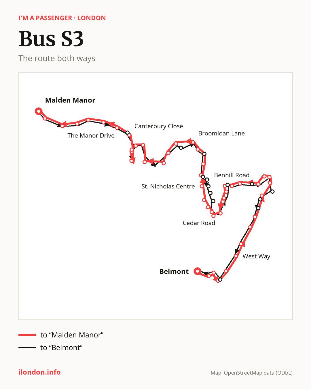 Bus route S3 in London on the map: the route both ways
