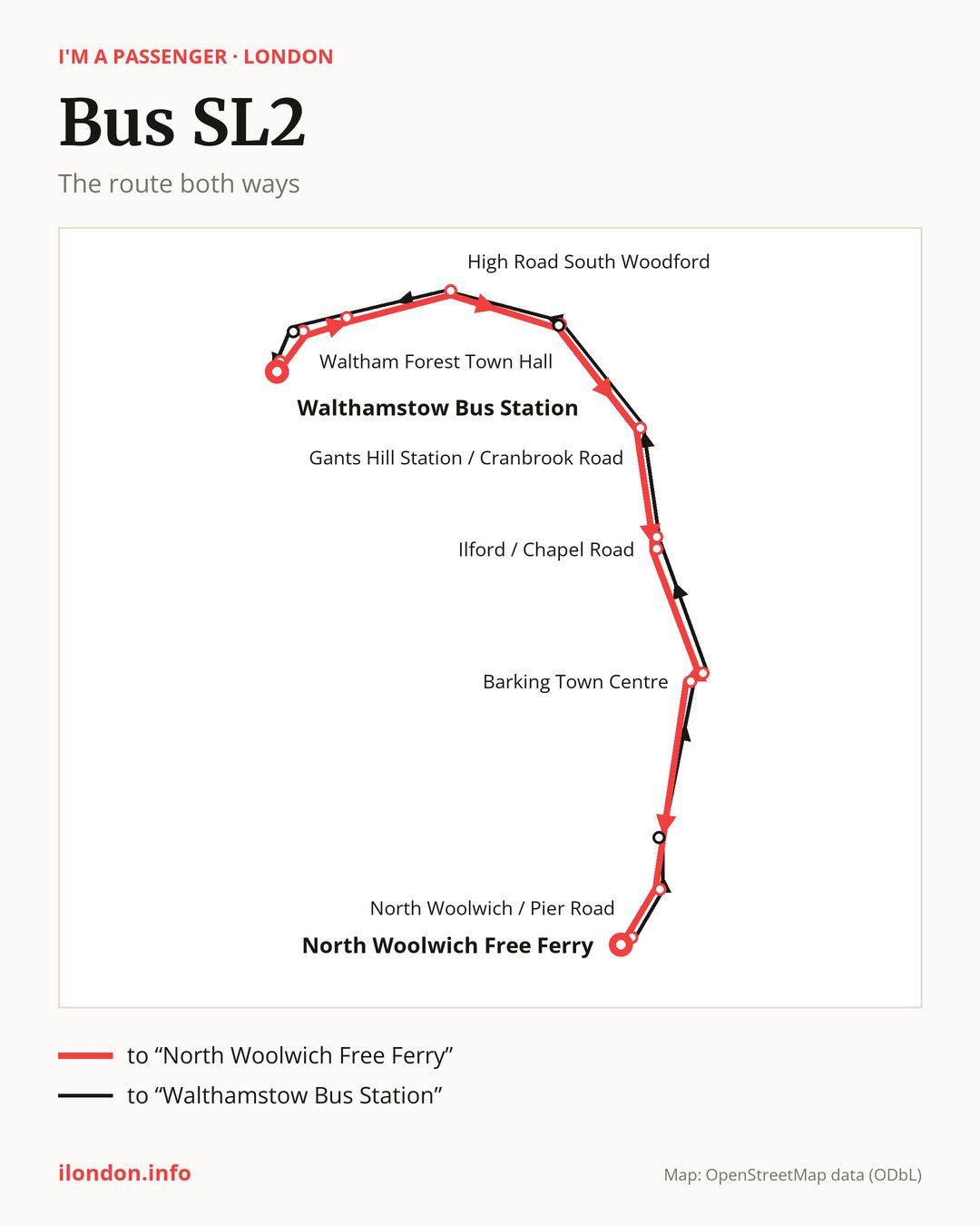 Bus route SL2 in London on the map: the route both ways