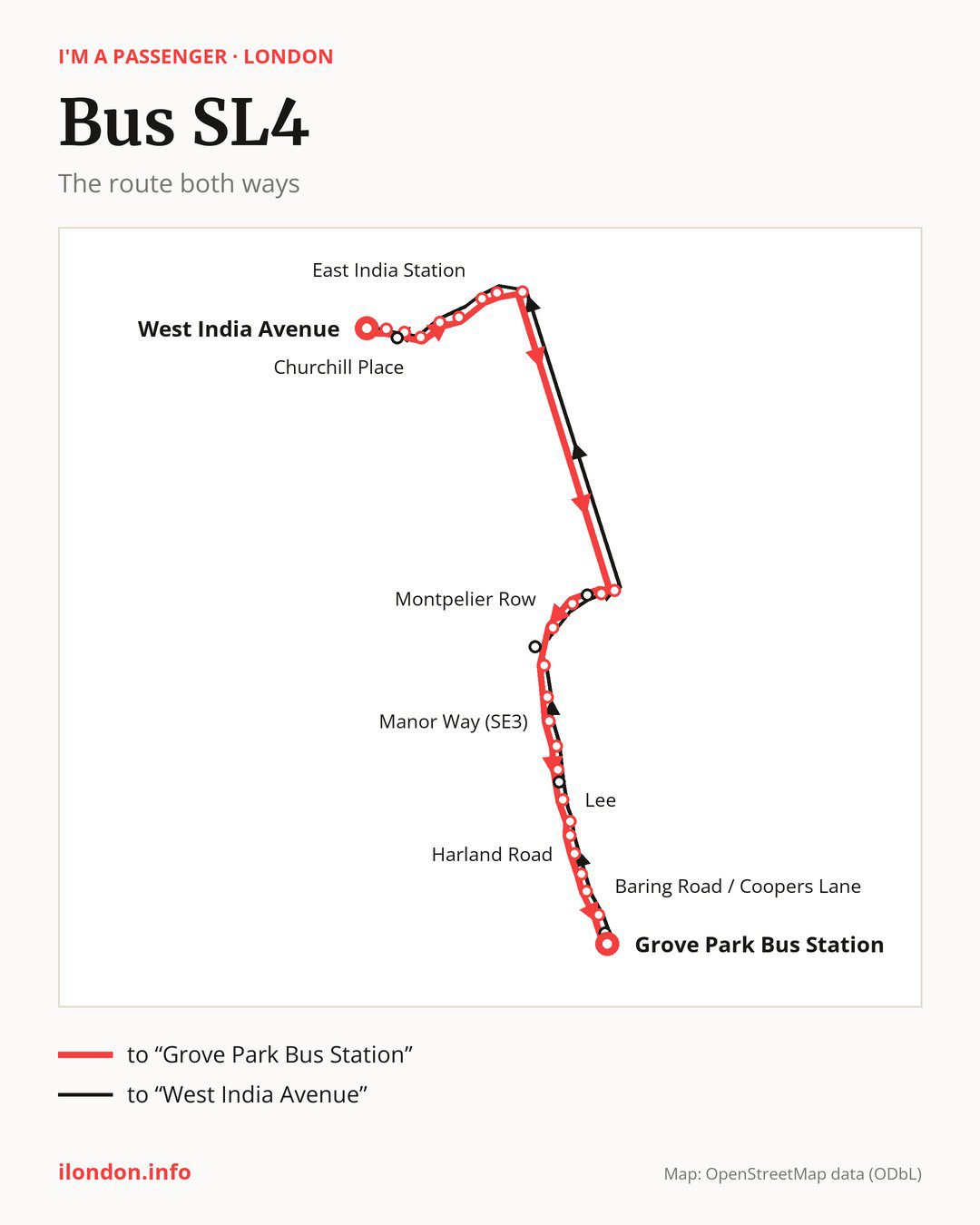 Bus route SL4 in London on the map: the route both ways