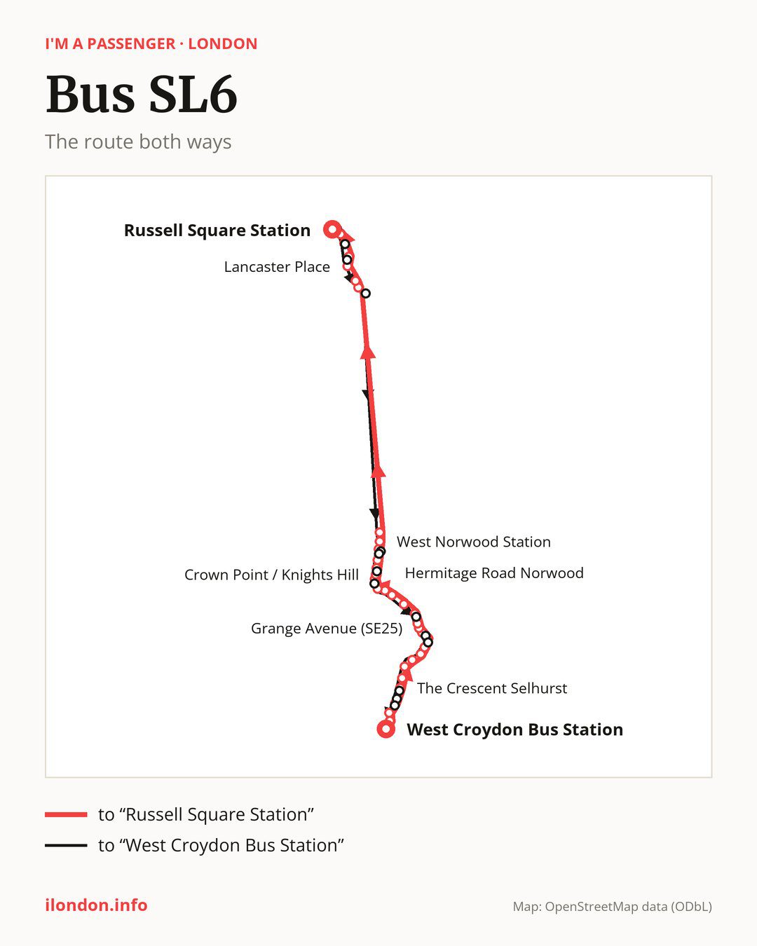 Bus route SL6 in London on the map: the route both ways