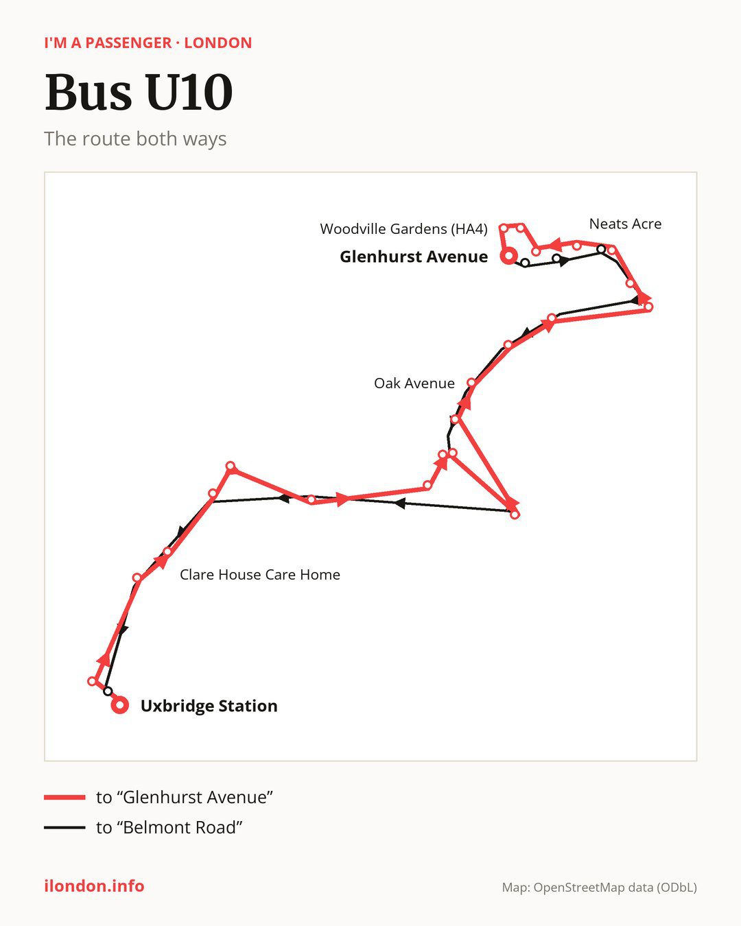 Bus route U10 in London on the map: the route both ways