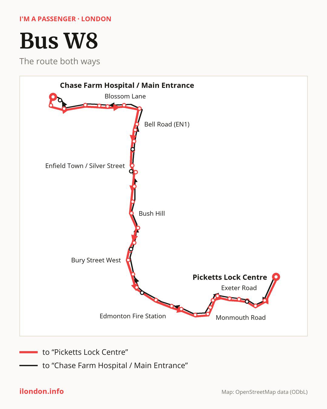 Bus route W8 in London on the map: the route both ways