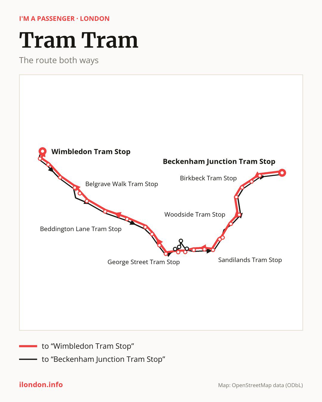 Tram route Tram in London on the map: the route both ways